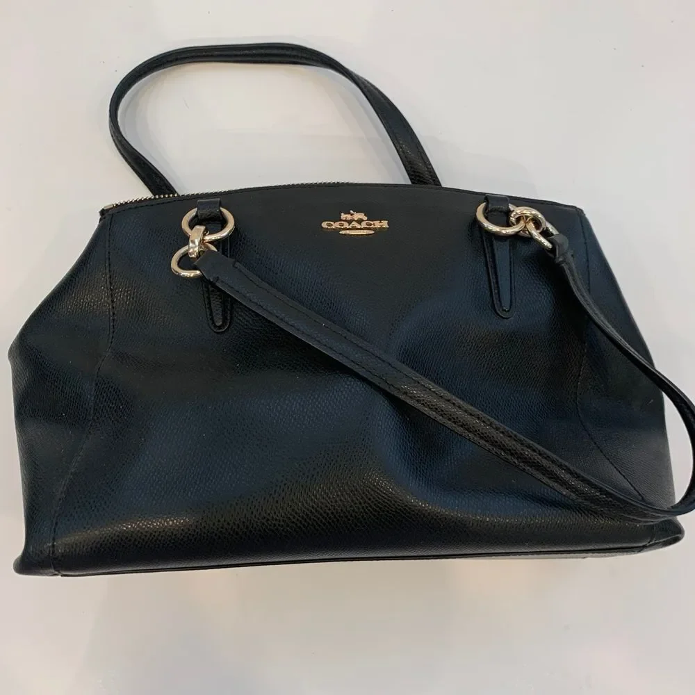 Coach Black Leather Satchel Handbag with‎ Gold Hardware Double Zip Crossbody